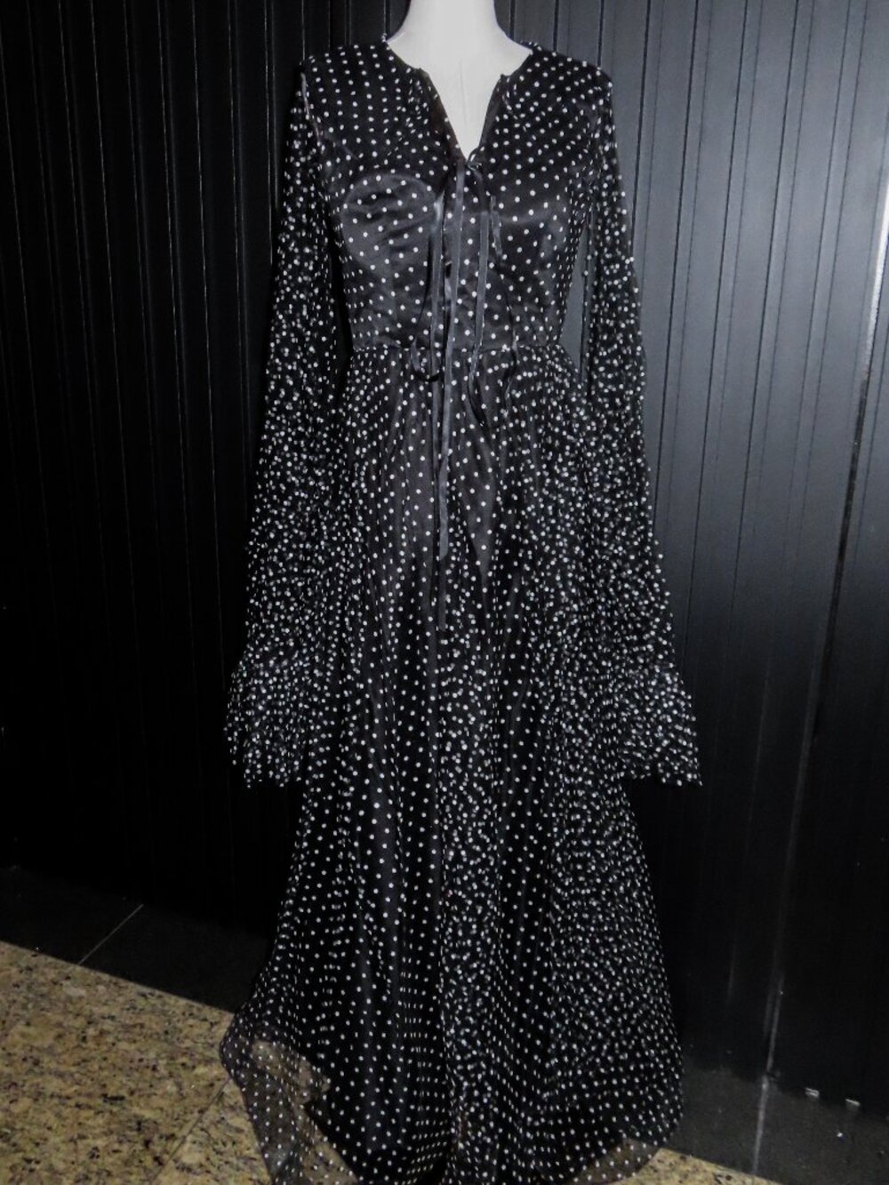Polka Dot Long Sleeve Tie Front Flare Maxi Dress Black White Ruffle Hem
